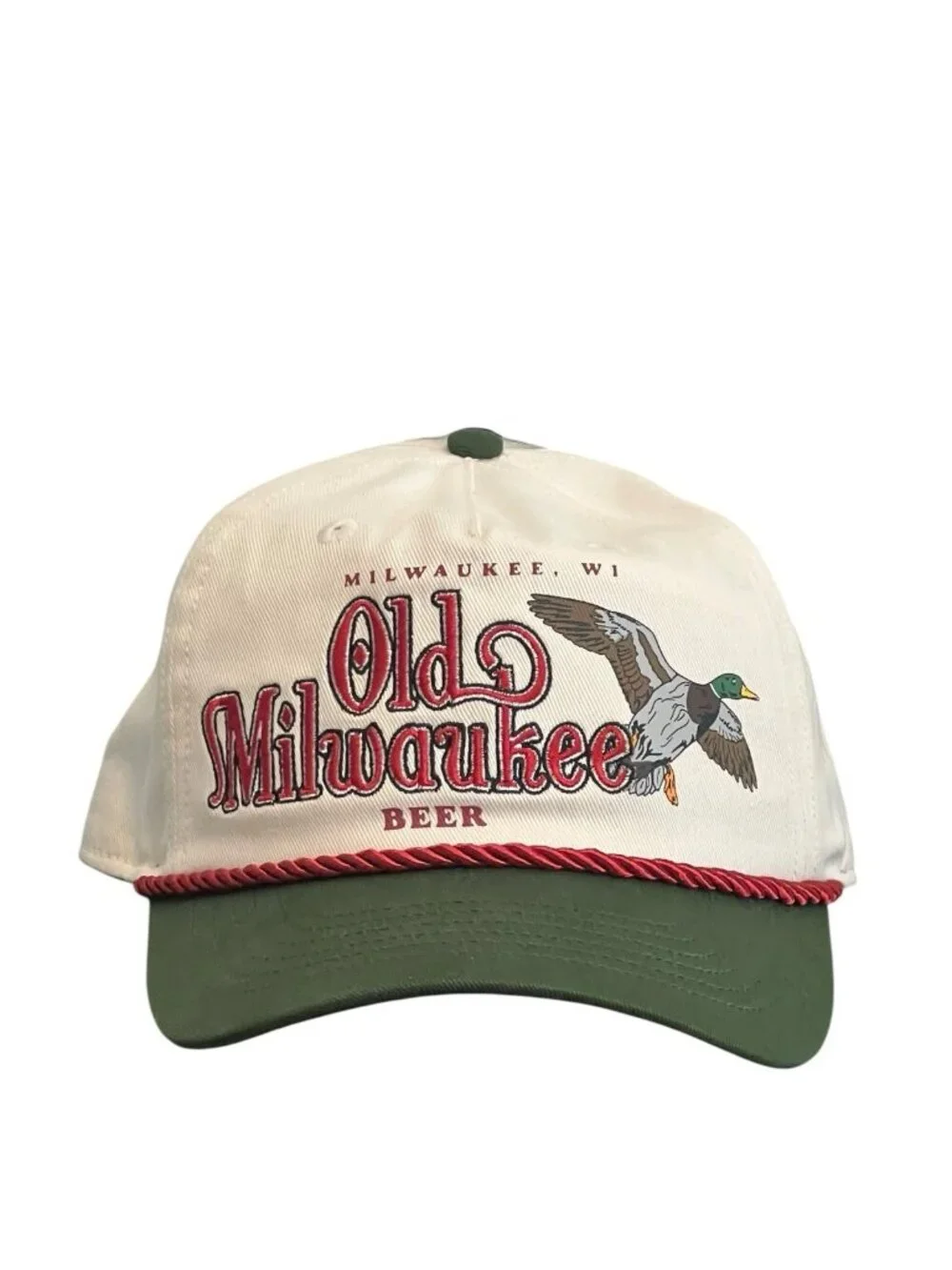 Old Milwaukee Beer Mallard Duck Rope Snapback Hat Cream Green Bioworld Retro NWT